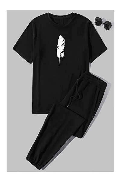 Generic Brand Minimalist Feather Patterned Relaxed Fit Tracksuit Set