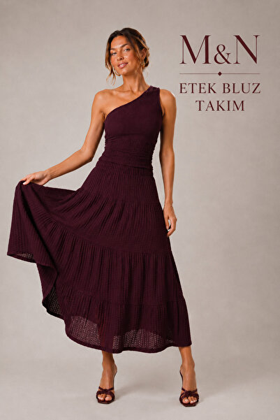 M&N One-Shoulder Draped Blouse and Layered Long Skirt Set - Plum Color