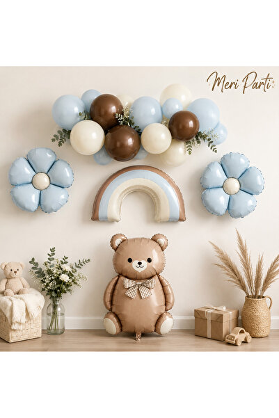 MERİ PARTİ Boho Teddy Bear Rainbow Balloon Set – Baby Shower & 1St Birthday D...