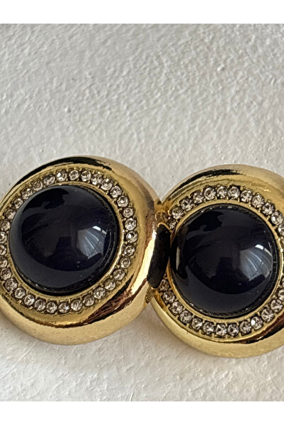 BHR AKSESUAR Gold Color Zircon Stone Black Round Earrings (2.5 cm)