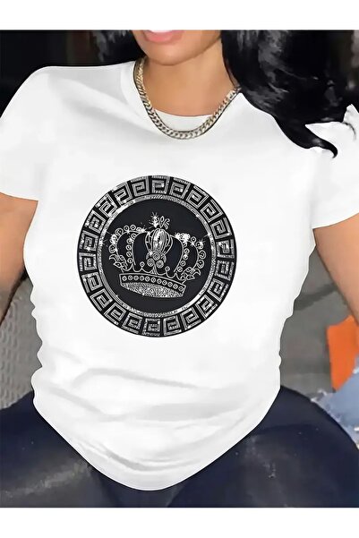 Astogria13 تي شيرت نسائي بأكمام قصيرة، مصنوع من ألياف القطن، بتصميم تاج مع نق...
