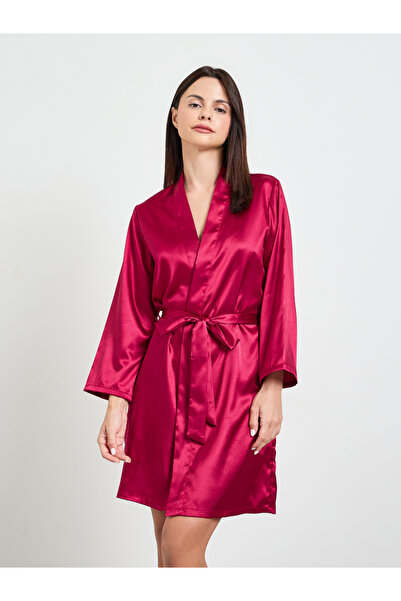 Take Two By Styli Burgundy Satin Robe With Tie-Belt