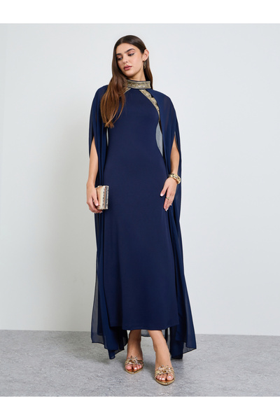 Take Two By Styli Dark Blue Maxi Dress With Cape Sleeves