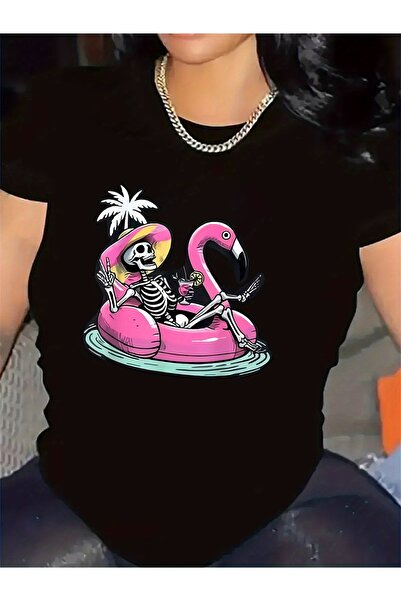 Astogria13 cotton Short Sleeve T-Shirt with Fun Skeleton Flamingo Print, Idea...