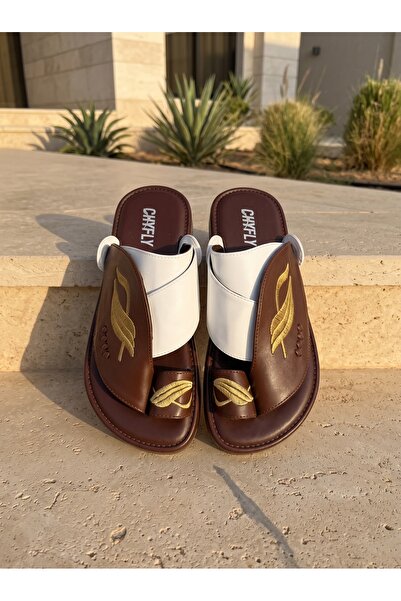 Chyfly Men Arabic Naal Sandals Leaf Embroidery PU Leather Two-tone Criss-cros...