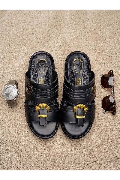 Chyfly Men Arabic Naal Sandals PU Leather Gold Buckle Ultra Massage Footbed A...