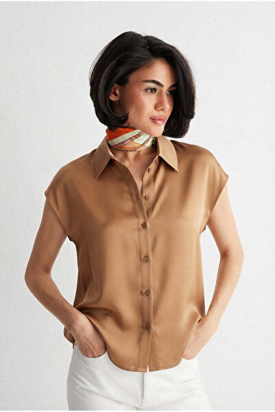 Silk and Cashmere Camel Estrella Saf İpek Kısa Kollu Gömlek