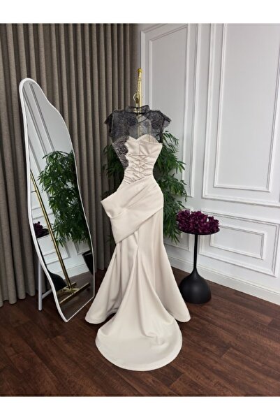 ranin Ivory and Black Evening Gown with Off-Shoulder Geometric Ruffles and Me...