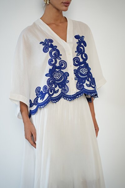 Myra Fashion Güpür Nakış İşlemeli V Yaka Yarasa Kol Bluz ve Uzun Etek İkili A...