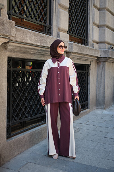 LOCCO Women's Snap Detail Double Color Thick Striped Suit in Plum