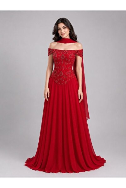 ranin Red Evening Dress Mikado Laser Tail Cloche Dress