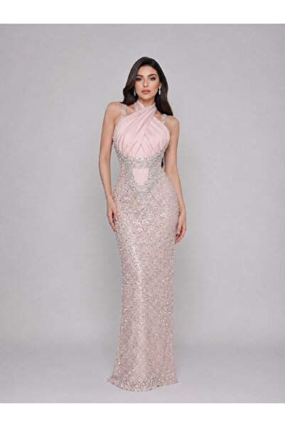ranin Pink Silver Evening Gown with Barbie Material Chest and Hand Embroidere...