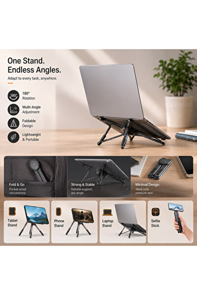 Mcstorey Katlanabilir Laptop Standı, Tablet ve Telefon Standı, 4'ü 1 Arada Çok Açılı Ayarlanabilir Notebook Sehpası, Selfie Stick Özellikli, Taşınabilir Masaüstü Standı, Gri