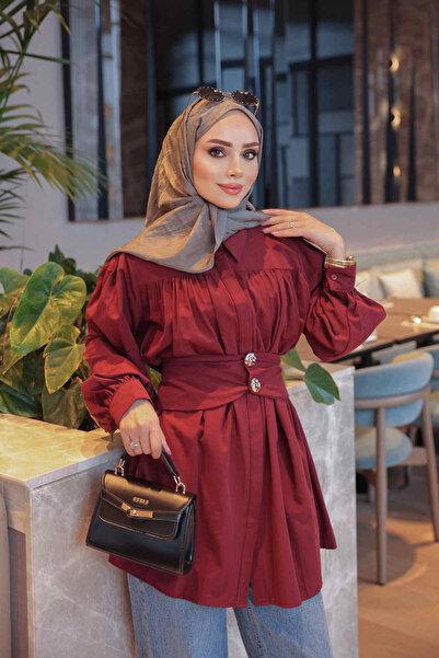 İmajButik Bordo Gizli Düğmeli Kemer Detaylı Gömlek