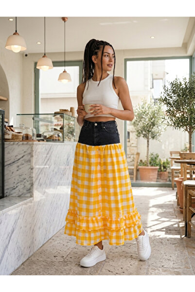 Genel Markalar Çatı Katı Vintage Özel Tasarım Sarı Kareli Upcycled Denim Etek...