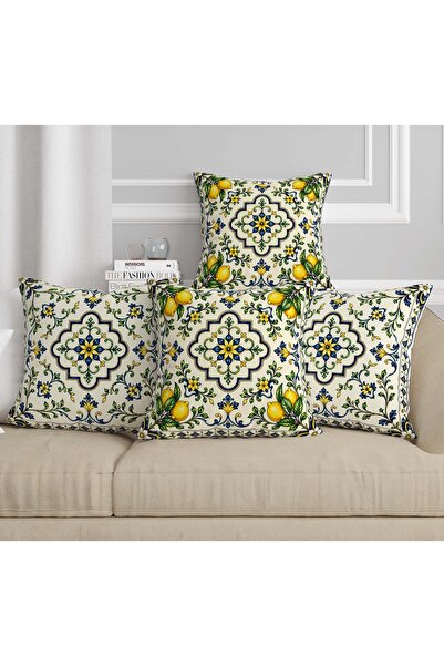 Şah Dekor Mediterranean Lemon Themed Digital Printed Gift Set of 4 Throw Pill...