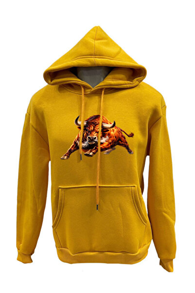 Boğa Baskılı, Kapüşonlu, kanguru cepli sweatshirt