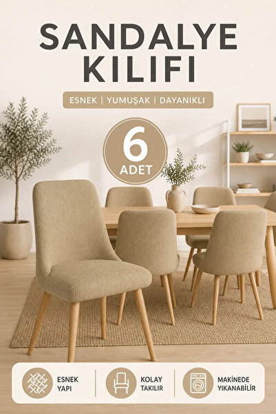 Softlife 6'lı Jakarlı Oval Sandalye Kılıfı - Bej, Likralı Yıkanabilir Sandaly...