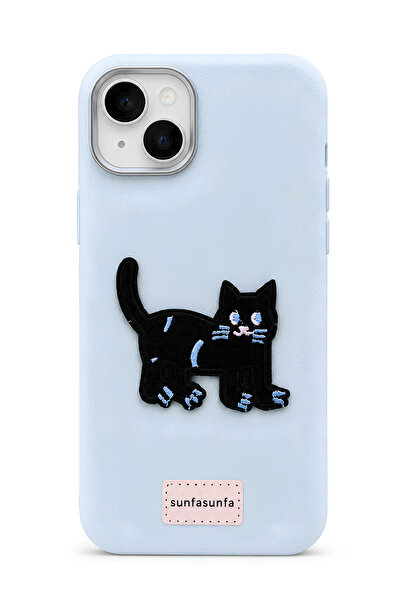 QUSCHU iPhone 13-14 Uyumlu Nakışlı Kara Kedi Figürlü Deri Görünümlü Silikon K...