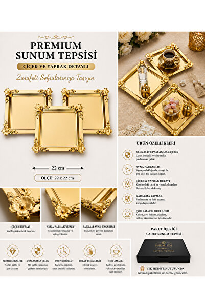 Turkco Gold Flower Detailed Square Presentation Tray 22X22 cm Engagement Coff...