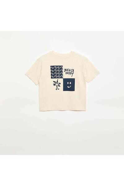 KIABI Printed Loose Fit Short-Sleeved T-Shirt BEIGE