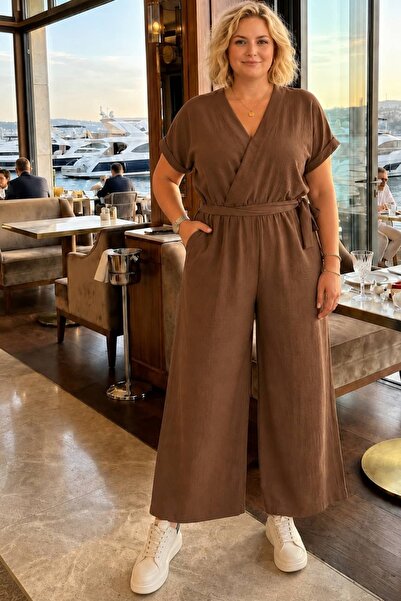 tarzımsüper Women's Plus Size Double Breasted Collar Belted Aerobin Jumpsuit