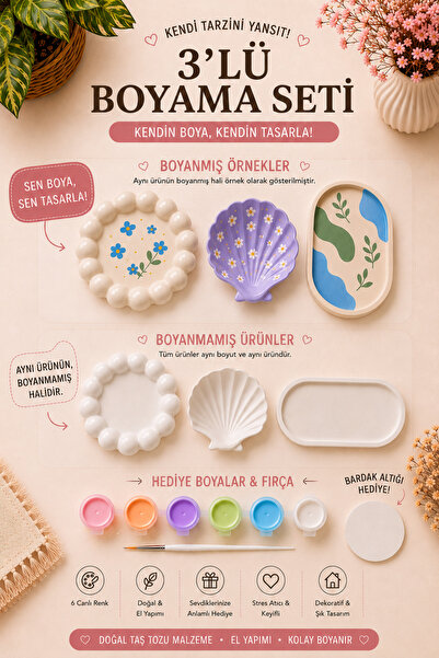 LORİCA 3’lü Taş Tozu Boyama Seti – Bubble Tabak, Deniz Kabuğu Takı Tabağı ve ...