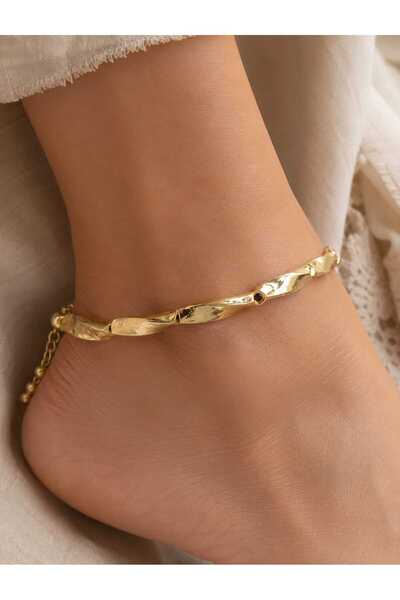 Ralp Moda Minimalist Gold Color Anklet with Wavy Texture and Single Stone
