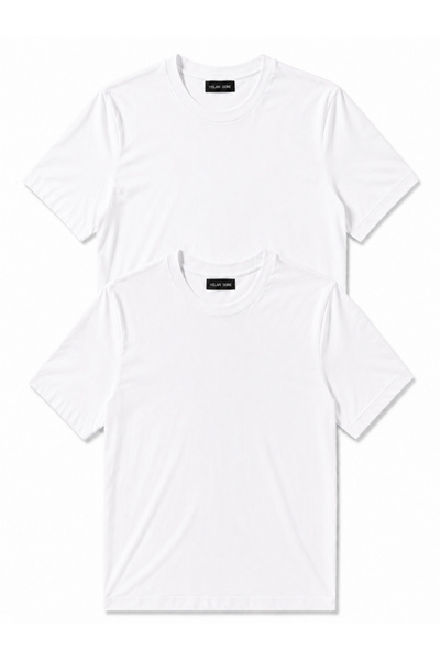 MİLANDORE Set of 2 Men's White-White Cotton Slim Fit Crew Neck Basic T-Shirts