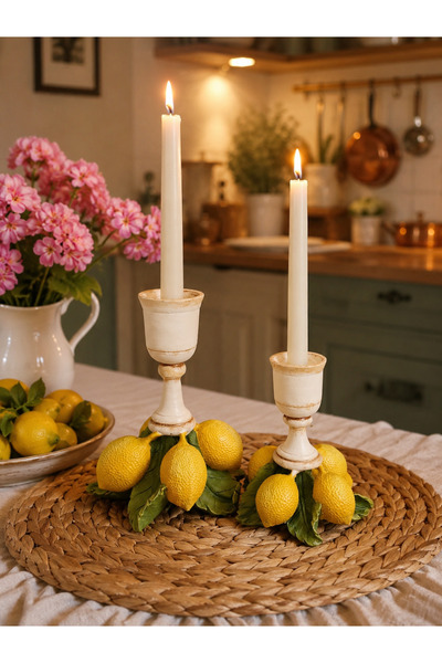 Eski Mahzen Design Polyester Limonlu Şamdan Mumluk (2 adet)