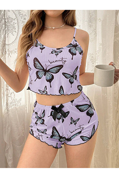 Senvia Kadın Lila Kelebek Desenli Şortlu Pijama Takımı İnce Askılı Fitilli Cr...
