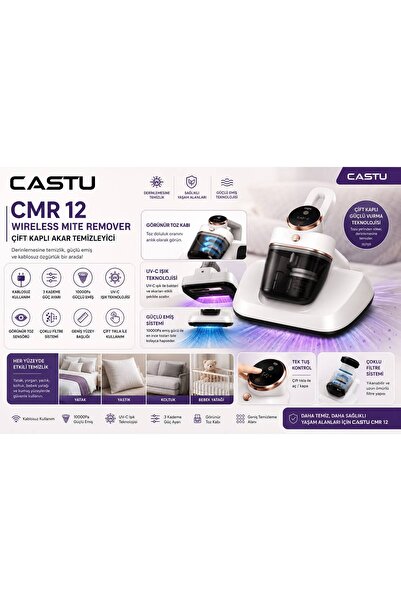 CASTU DustAway 10000Pa Güçlü Kablosuz Akar ve Toz UV Işıklı Yatak ve Koltuk T...