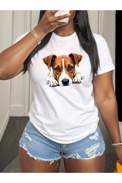 01THEONE Round Neck Casual cotton Short Sleeve T-Shirt with Cute Dog Print, L...