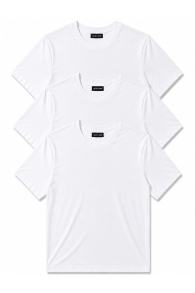 MİLANDORE Set of 3 Men's White Slim Fit Crew Neck Basic T-Shirts