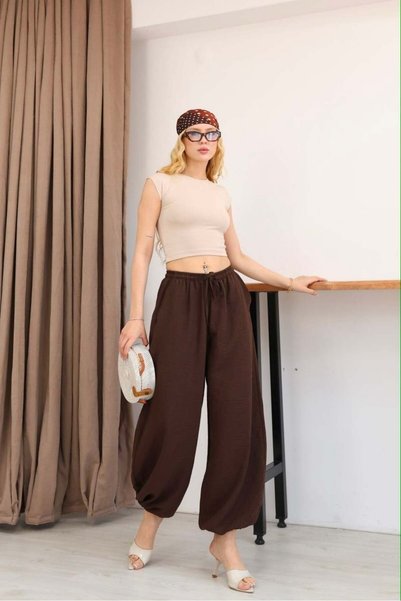 sahraozluk Elastic Waist Linen Shalwar Trousers Brown