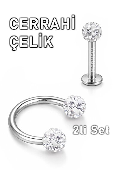 MORNEVA Cerrahi Çelik Şambala Taşlı Helix Tragus Kulak Piercingi (2li Set)