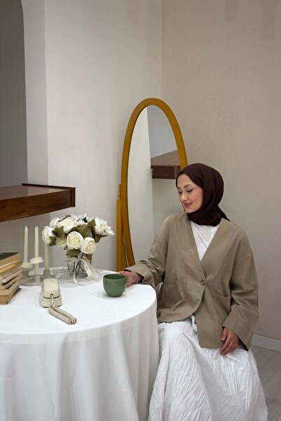 Faya Boutique Vizon Tek Düğmeli Keten Ceket