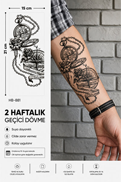 medink tattoo Gerçekci Geçici Dövme Pusula Saat Gül geçici Etiket Kadın Erkek...