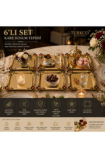 Turkco Luxury Floral Motif Gold Square Presentation Tray 22X22 cm Promise Eng...