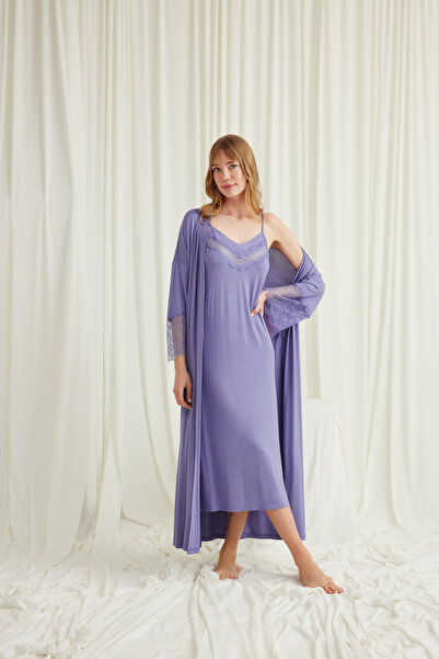 MONAMİSE Lilac Robe Nightgown Set, Women's Lace Viscose 2-Piece Nightgown Set...