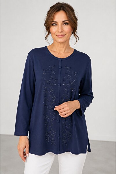 bihan store Women's Long Sleeve Blouse with Stone Embellishments and Button D...