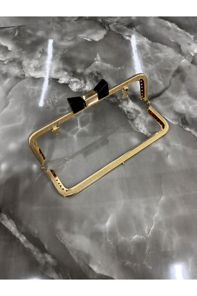 velanee 20 cm Siyah Fiyonklu Gold Metal Çanta Bursu