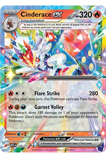 Pokemon TCG Cinderace Ex # 38 Pokemon Ascended Heroes Original Card