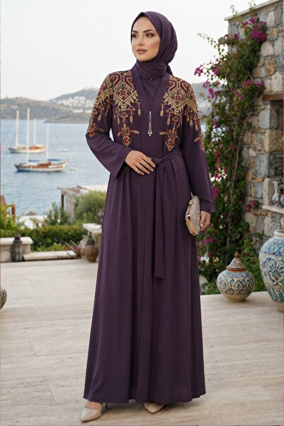 Neva Style Ethnic Embroidery Detailed Belted Plum Hijab Ferace 29144Mu
