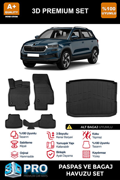 Nova Krom Skoda Karoq 3D Pro Havuzlu Paspas ve Alt Bagaj Havuzu Seti (2'li SE...