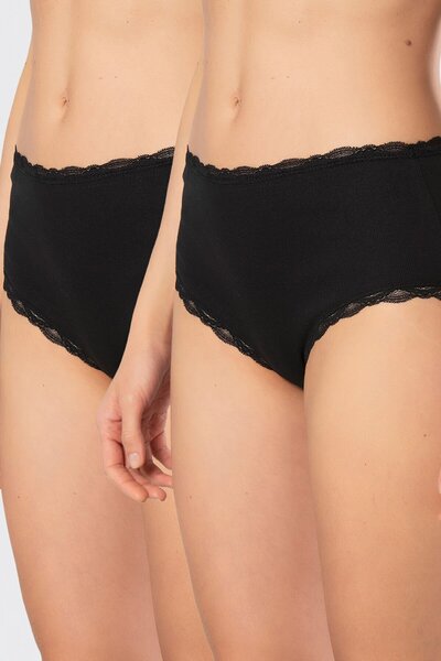 TÜREN Women's Lycra Ribbed Lace High Waist Panties 2-Pack 929/Black