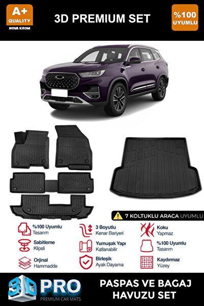 Nova Krom Chery Tiggo 8 7 Koltuk 3D Pro Havuzlu Paspas ve Bagaj Havuzu Seti (...
