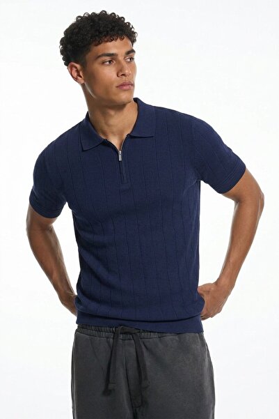 Maccali Men's Casual Striped Navy Blue Polo Knitwear T-Shirt
