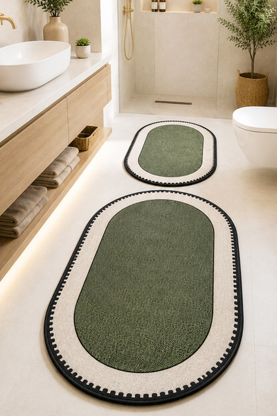 Chilai Home Nehogreen Oval 60x100 50x60 Kaydırmaz Tabanlı 2'li Banyo Paspas S...