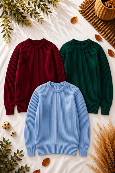 legends butik Men's 3-Piece Premium Ribbed Knitwear Sweater Set Crew Neck Sli...